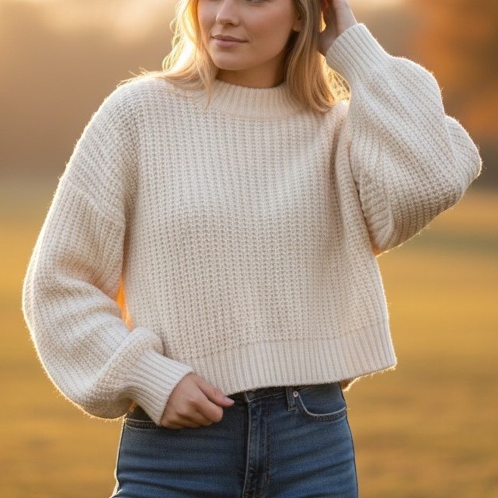 Lucca Women Cropped Knit Sweater Creme Color Size Small